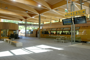 Ein belebter Bahnhof mit einem Zug auf den Schienen, umgeben von Bänken, Tischen, Pfählen, Schildern, Laternen und Bäumen, wo Menschen auf den Zug warten.