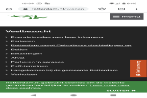 Ein Mobiltelefonbildschirm mit einer Menüoption von der Rotterdam-Website, die Informationen über die Website und ihre Dienstleistungen anzeigt.
