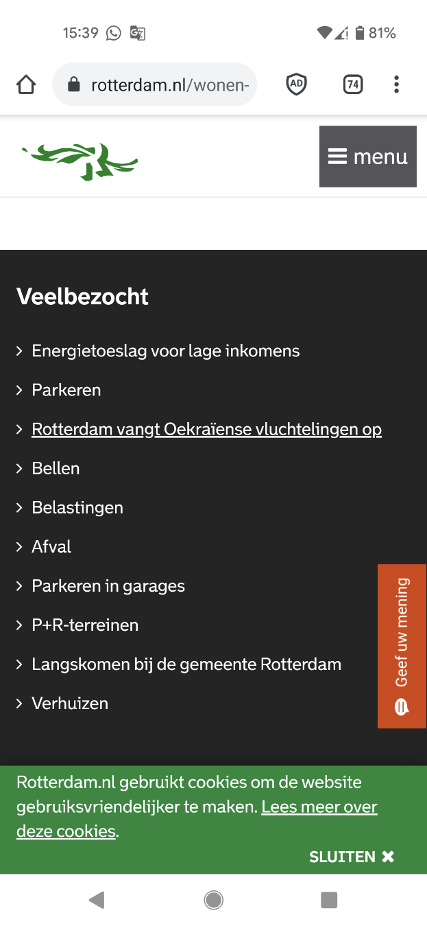 Ein Mobiltelefonbildschirm mit einer Menüoption von der Rotterdam-Website, die Informationen über die Website und ihre Dienstleistungen anzeigt.