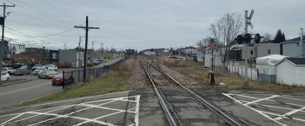 Eine Bahnschiene verläuft durch eine Stadtstraße mit einem Parkplatz, Strommasten, Bäumen, Gebäuden, Fahrzeugen, Zäunen und Schildern unter einem bewölkten Himmel.