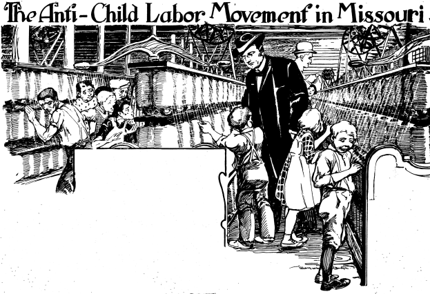 Plakat für die Anti-Kinderarbeit-Bewegung in Missouri, das eine Gruppe von Menschen in traditioneller Kleidung zeigt, einige stehend und einige sitzend, mit Text oben und unten, der Verzweiflung und Hoffnungslosigkeit ausdrückt.