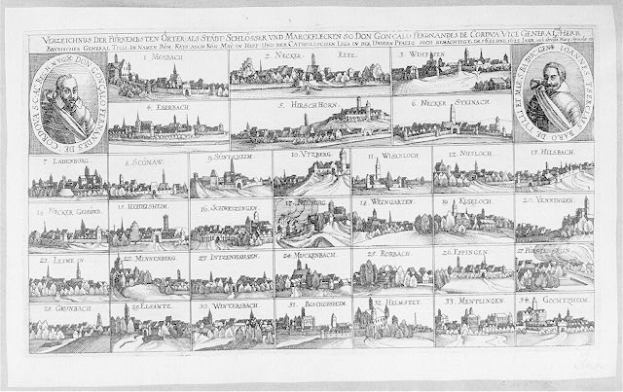 Ein Schwarz-Weiß-Zeichnung von Köln, Deutschland, mit zahlreichen Gebäuden, begleitet von Text und Bildern, die die Geschichte der Stadt darlegen.