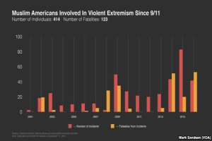 Ein Diagramm, das die Anzahl der muslimischen Amerikaner zeigt, die seit dem 11. September an gewaltsamen Extremismus beteiligt waren, mit begleitendem Text, der weitere Daten Details liefert.