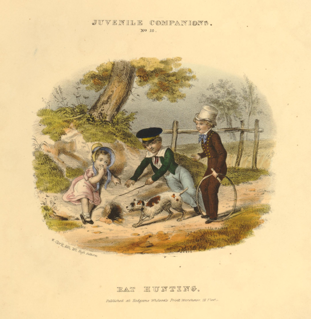 Ein Kindesbild, das drei Kinder zeigt, die mit einem Hund in einem Park spielen, umgeben von Bäumen, Pflanzen und einem Zaun, und Text am unteren Rand.