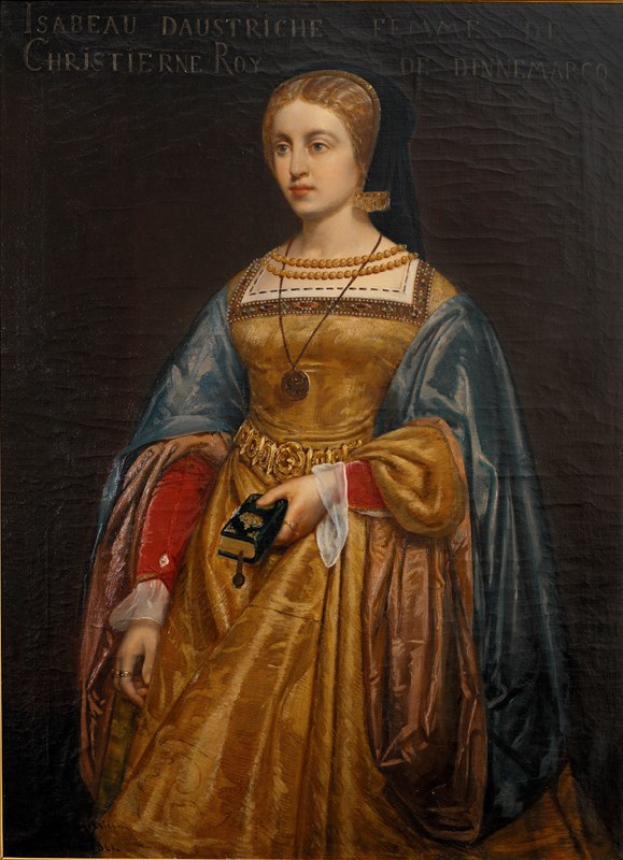 Gemälde von Isabella daustriche in einem goldenen Kleid mit detaillierten Verzierungen, ihre Haare zu einem Dutt gebunden, von Christierne Roy, das eine friedliche und würdige Miene zeigt.