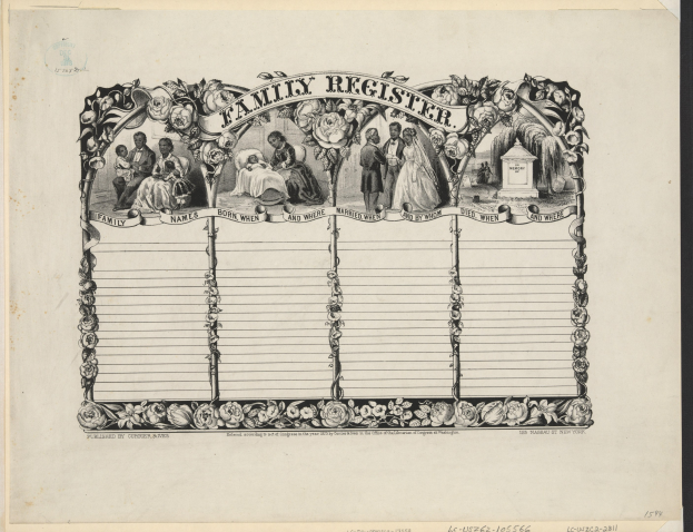 Schwarz-weißes Familienstammbuch mit Gruppenfoto in der Mitte und handgeschriebenem Text, der Familiendaten enthält.