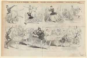 Ein Buchseite mit einer lebendigen Zeichnung von Menschen, die im Einklang tanzen, begleitet von Text, der das Datum, die Uhrzeit und den Ort beschreibt.