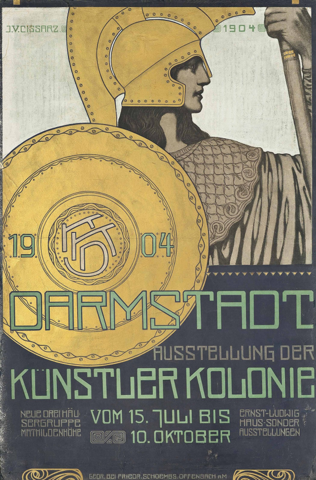 Plakat für ein 1904er Berlin-Konzert mit einem Helmbekleideten, der ein Schild mit «Darmstadt» und «Künstler Kolonie» in fetter Schrift hält.