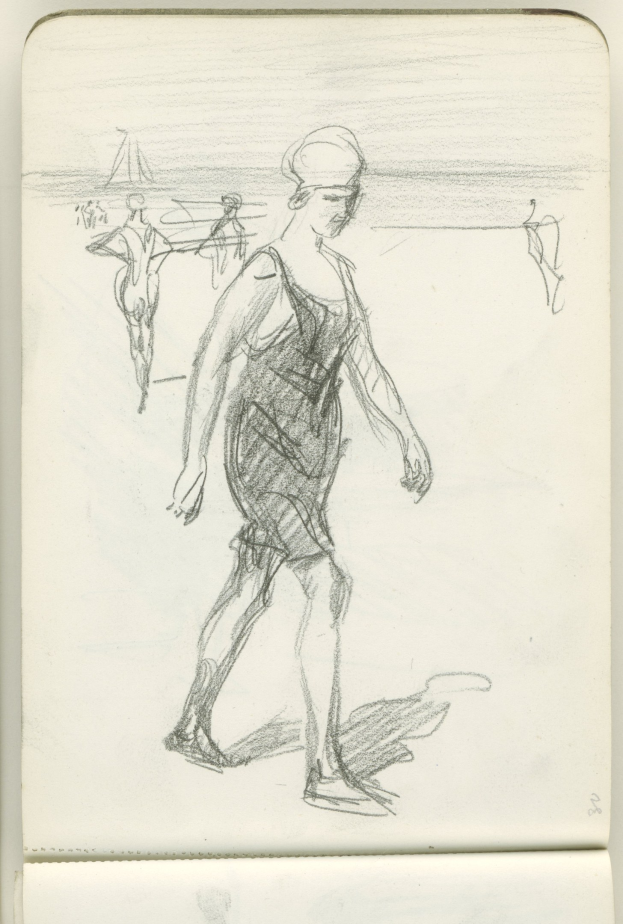 Eine Skizze einer Frau in einem langärmeligen Kleid mit hohem Kragen und einem Knoten, die am Strand bei Sonnenuntergang mit geschlossenen Augen und einem friedlichen Gesichtsausdruck spaziert.