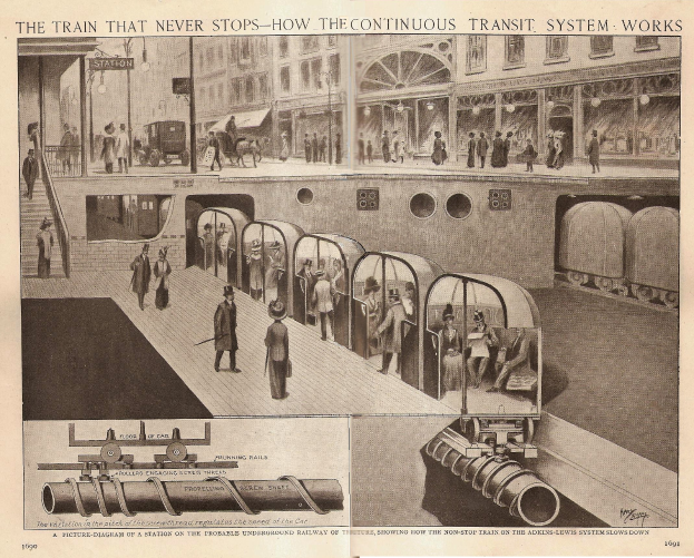 Ein Bild mit Fotos von Menschen, Zügen und anderen Gegenständen sowie dem Text "Der Zug, der nie aufhört - so funktioniert das ständige Transportsystem".