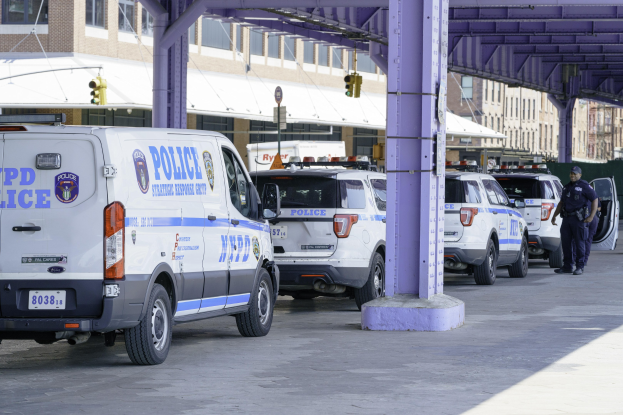 Polizeiautos entlang einer Stadtstraße geparkt mit einer Person in der Nähe, Gebäude und eine Brücke im Hintergrund.