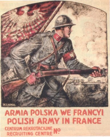 Plakat einer Person in militärischer Uniform mit Helm und Gewehr, beschriftet mit "Armia Polska We Francyi Polnische Armee in Frankreich", das Entschlossenheit ausstrahlt.