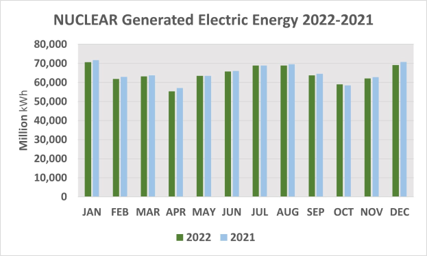 Liniengraph, der die nuclear-generated electric energy von 2021 bis 2022 zeigt, mit begleitendem erklärendem Text.