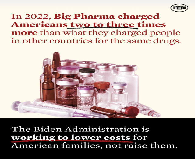 Plakat, das zeigt, dass Big Pharma 2022 Amerikaner zwei bis drei Mal mehr für dieselben Medikamente berechnet hat, mit Bildern von Medikamentenflaschen und einer Spritze.