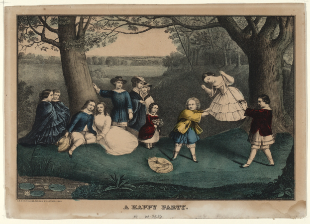 Gruppe von Kindern, die in einem Park mit Bäumen und Gras spielen, einige sitzen und andere stehen, mit dem Text "Eine fröhliche Party" unten.