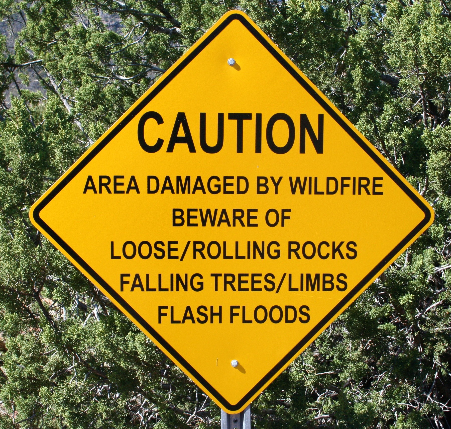 Gelbes Warnschild an einem Pfahl im Vordergrund, das vor einer Wildfire-geschädigten Zone mit Gefahren warnt, mit Bäumen im Hintergrund.