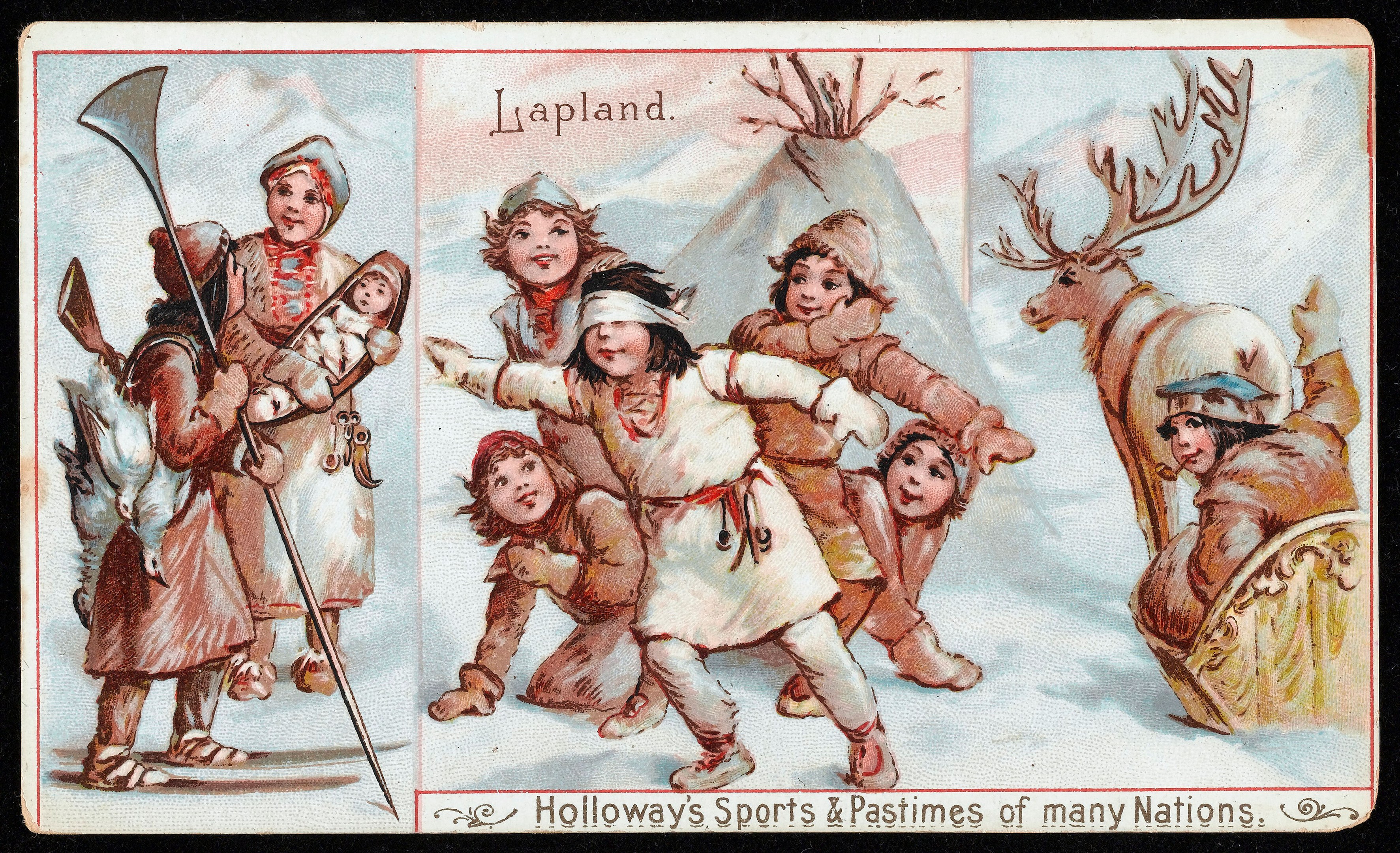 Kinder spielen im Schnee mit einem Rentier, schwarzer Hintergrund, Text unten lesend "Holloway's Sports & Pastimes of Many Nations".
