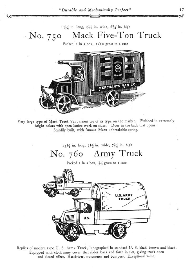 Werbung für einen Mack Fünf-Tonnen-Lkw mit einer Zeichnung des Fahrzeugs mit einem großen rechteckigen Körper, einer flachen Ladefläche und einem einzelnen Vorderrad, umgeben von fettem schwarzem Text, der "Mack Fünf-Tonnen-Lkw" lautet.