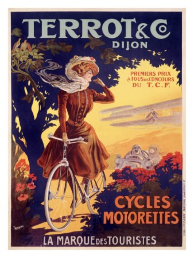 Ein Plakat, das eine Radtour in Frankreich ankündigt, zeigt eine Frau auf einem Fahrrad umgeben von Bäumen, Blumen und anderen Menschen, mit Text, der die Tour beschreibt.