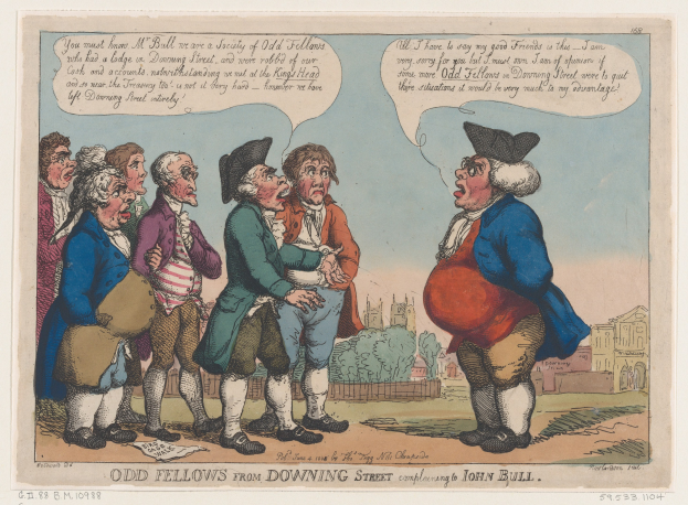 Cartoon illustration of people standing in front of a building with trees and sky, titled "Odd Fellows from Downing Street complaining to John Bull."