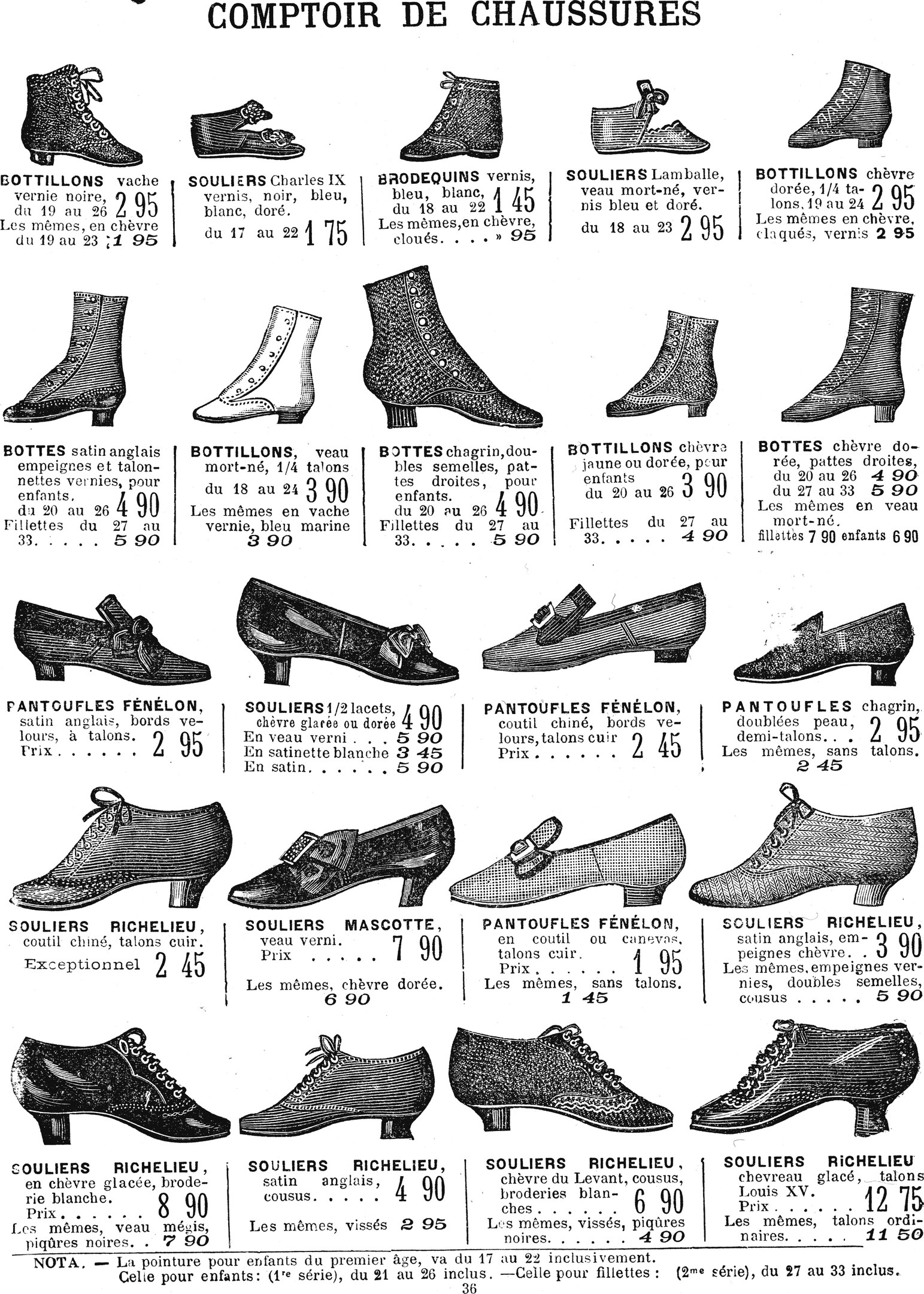Eine Buchseite mit verschiedenen Damenschuhen in einzigartigen Designs, jeweils mit Preisetikett und detaillierten Informationen zu Größe, Form und Farbe.