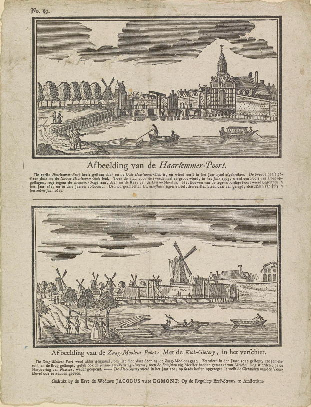 Ein altes Buch mit einer Zeichnung einer Stadtansicht mit Gebäuden, Bäumen, Menschen, Booten und Windmühlen, begleitet von beschreibendem Text.