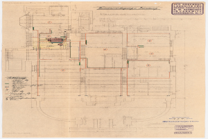 Schwarz-weißer Architekturplan des Rosenhof-Krankenhauses in Hamburg, Deutschland, mit detaillierter Darstellung mit zahlreichen Kabeln und beschrifteten Räumen, Fluren und Merkmalen auf altem Papier.