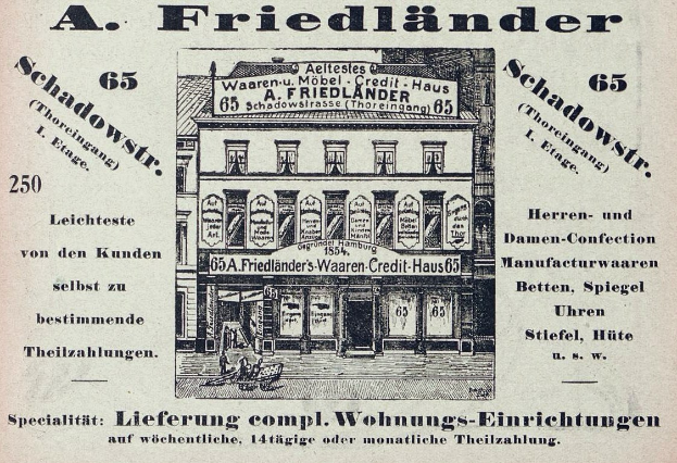 Schwarze und weiße Anzeige für einen Friedländer-Laden in Deutschland, der ein Gebäude mit Text auf der Fassade zeigt.