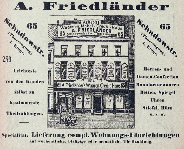 Schwarze und weiße Anzeige für einen Friedländer-Laden in Deutschland, der ein Gebäude mit Text auf der Fassade zeigt.
