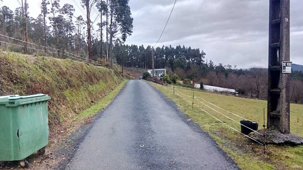 Grüner Müllcontainer am Straßenrand mit Gras, Pflanzen, Bäumen, Pfählen, Drähten und einem Zaun, unter einem bewölkten Himmel, mit einer Pfostenplatte auf der rechten Seite und verstreuten Gegenständen auf der linken Seite.