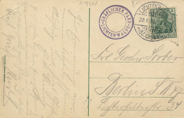 Alte Postkarte mit einer Briefmarke, auf der "Lichtenwald, Deutschland - Einschreiben nach Deutschland" steht, mit handgeschriebener Text und zwei zusätzlichen Briefmarken in der oberen rechten Ecke.
