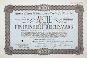 Deutsches Aktienzertifikat für 100 Reichsmark mit schwarzem Rand und gedrucktem Text.