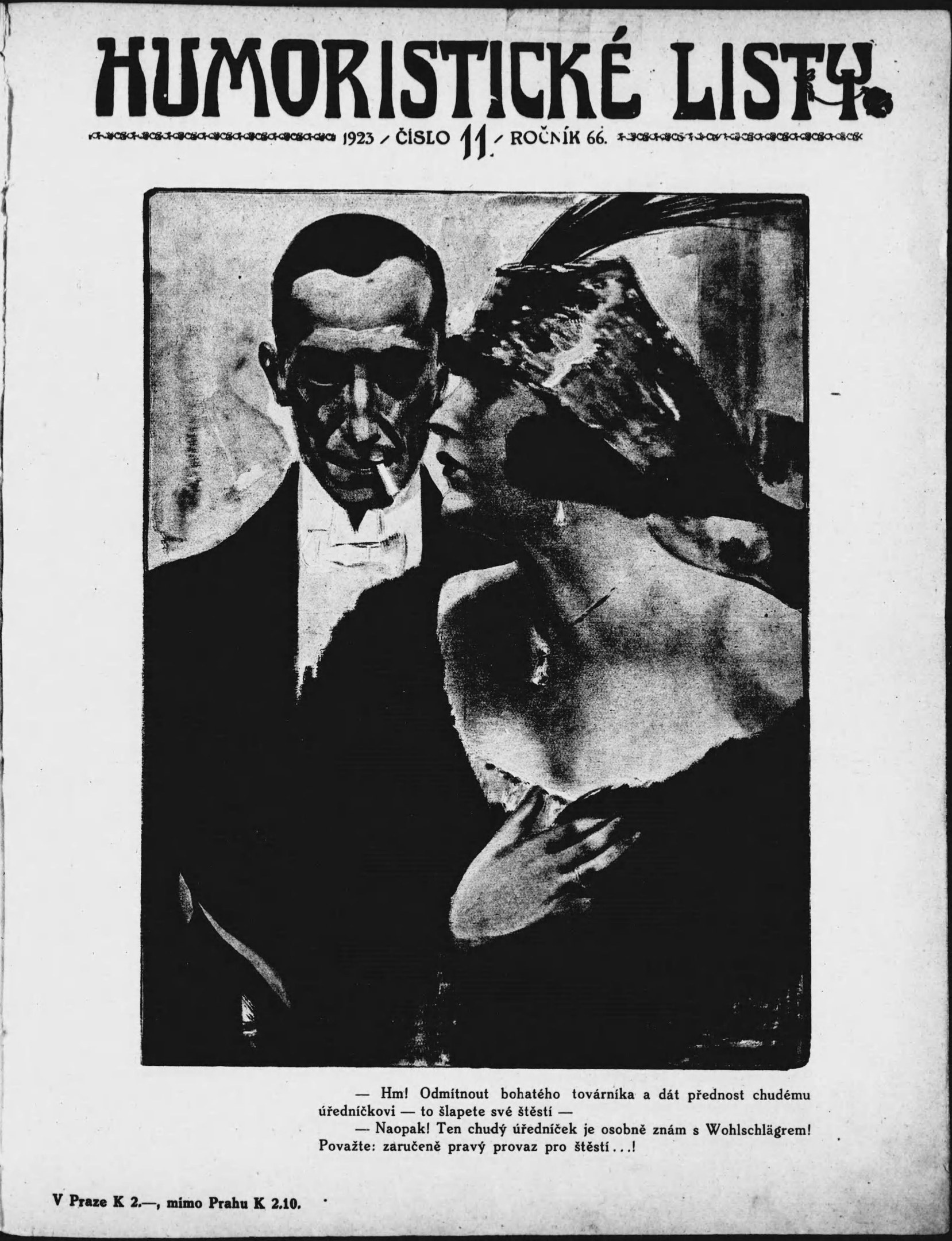 Schwarz-weißes Magazin-Cover mit der Aufschrift 'Humoristische Liste', das einen Mann in Anzug und eine Frau mit einem spöttischen Gesichtsausdruck zeigt.