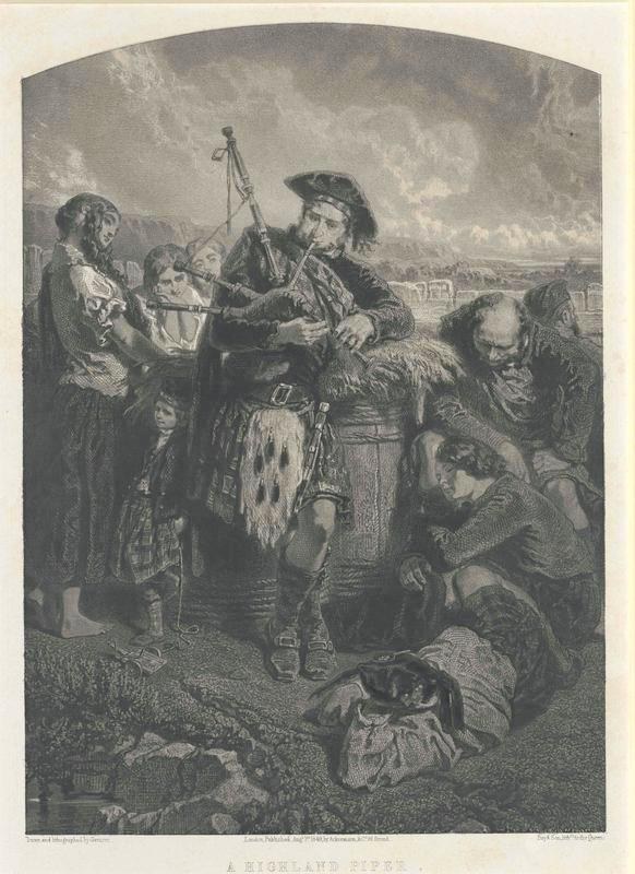 Schwarze und weiße Gravur eines Mannes, der eine Dudelsackpfeife vor einer Gruppe von Menschen spielt, mit einem bewölkten Himmel im Hintergrund, beschriftet mit "A Highland Pipe" unten.