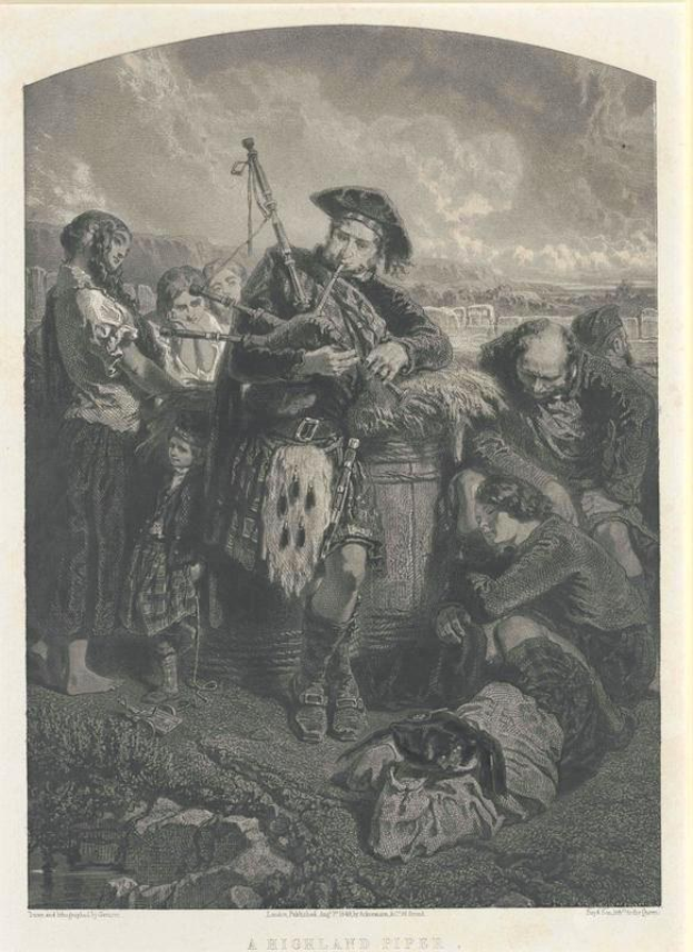 Schwarze und weiße Gravur eines Mannes, der eine Dudelsackpfeife vor einer Gruppe von Menschen spielt, mit einem bewölkten Himmel im Hintergrund, beschriftet mit "A Highland Pipe" unten.
