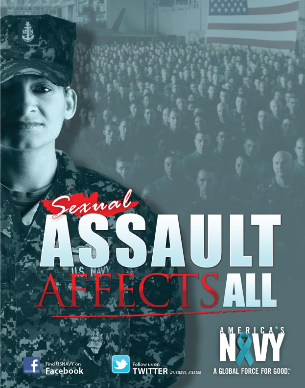 Plakat mit einer Frau in militärischer Uniform, die vor einer Menge steht, mit einer Fahne im Hintergrund und der Aufschrift "Sexuelle Gewalt betrifft alle."