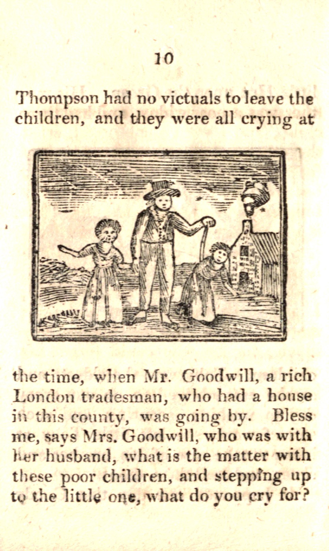 Ein Blatt Papier mit einer Zeichnung eines besorgten Mannes, der zwei weinende Kinder hält, begleitet von dem Text "Thompson hatte keine Opfer, um die Kinder zu hinterlassen, und sie weinten alle zu der Zeit."