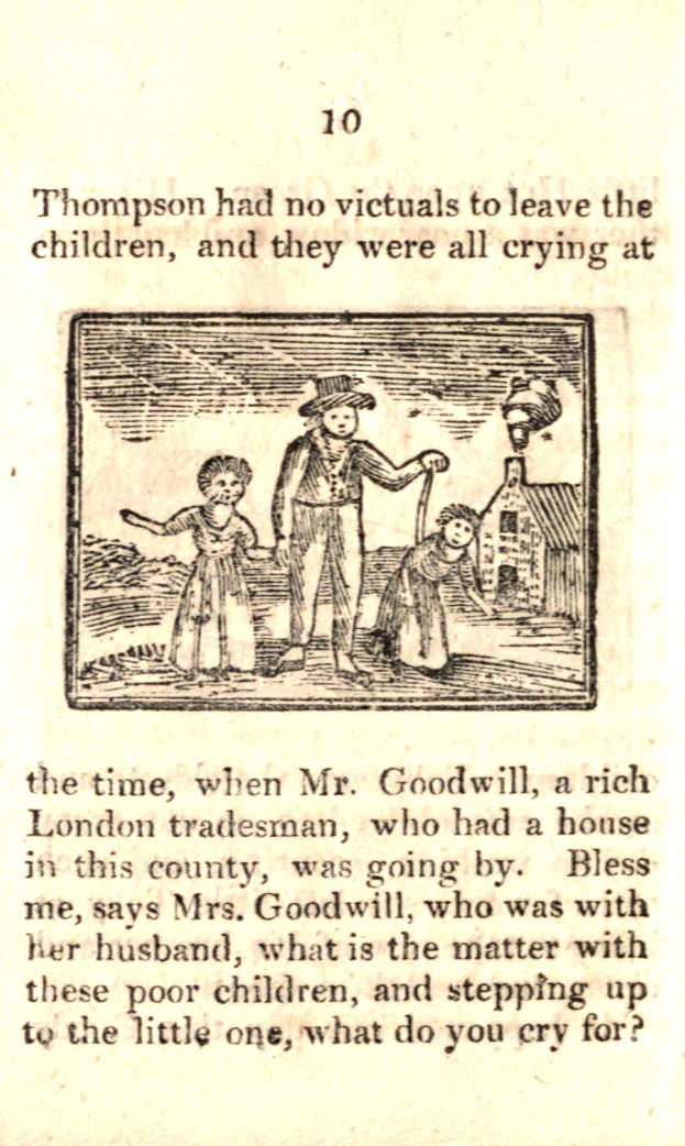 Ein Blatt Papier mit einer Zeichnung eines besorgten Mannes, der zwei weinende Kinder hält, begleitet von dem Text "Thompson hatte keine Opfer, um die Kinder zu hinterlassen, und sie weinten alle zu der Zeit."