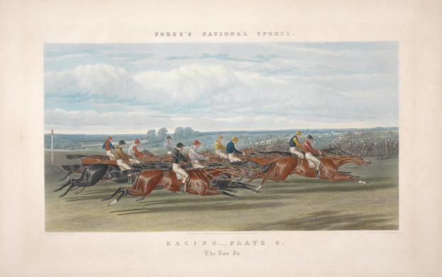 Gemälde von Reiterpaaren, die auf einer Rennbahn mit Bäumen und Wolken im Hintergrund galoppieren, mit der Beschriftung "Racing Plate 3: The Run 3" unten.