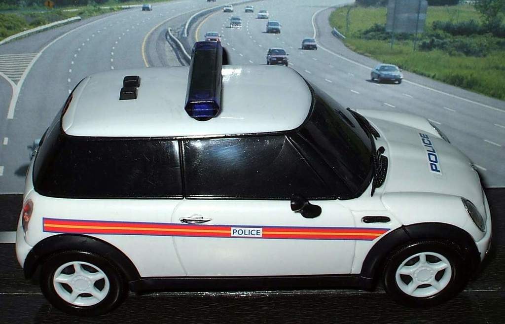 Weißes Polizeiauto vor einer belebten Straße mit Gras und Bäumen auf beiden Seiten, fotografiert außerhalb der Stadt.