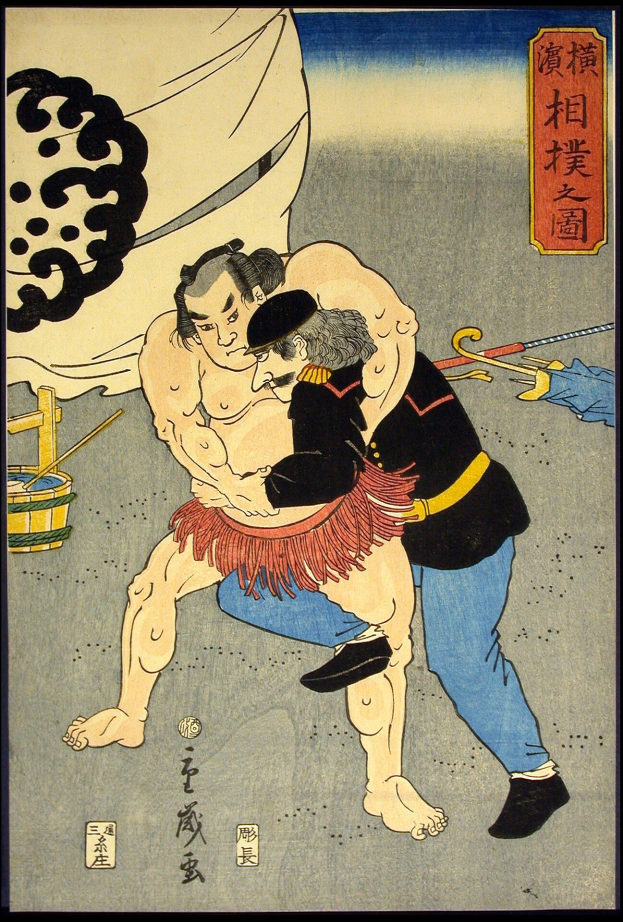 Japanisches Holzschnittbild von Utagawa Kunisada Toyokuni III, das zwei Sumo-Ringer im Kampf zeigt, einer hält einen Schirm und der andere einen Stock, mit einem detallierten Hintergrund aus Gegenständen und Text.