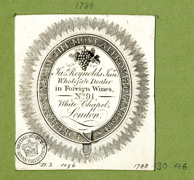 Plakat mit grünem Hintergrund, das den Text 'Das am meisten genehmigte bei ausländischen Weinen' und ein rundes Logo mit einem weißen Hintergrund und einem schwarzen Rand zeigt.