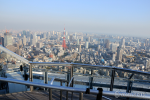 Luftaufnahme einer Stadt mit Gebäuden, einem Fluss, einem Metallstabzaun im Vordergrund und Text am unteren Bildrand.