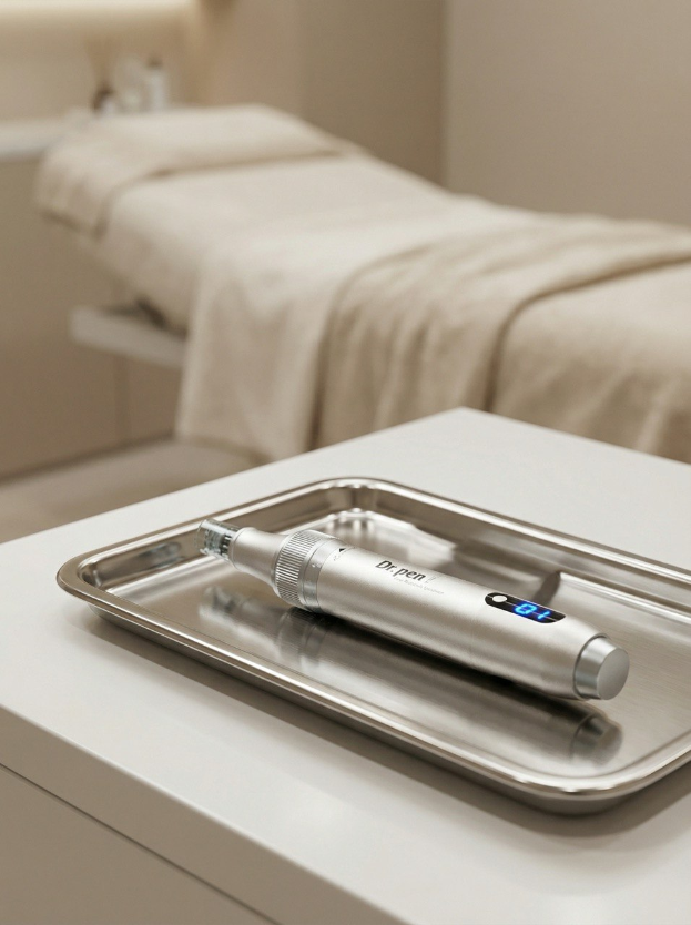 Modernes Microneedling-Gerät auf einem sterilen Tablett in einem professionellen Kosmetikstudio.