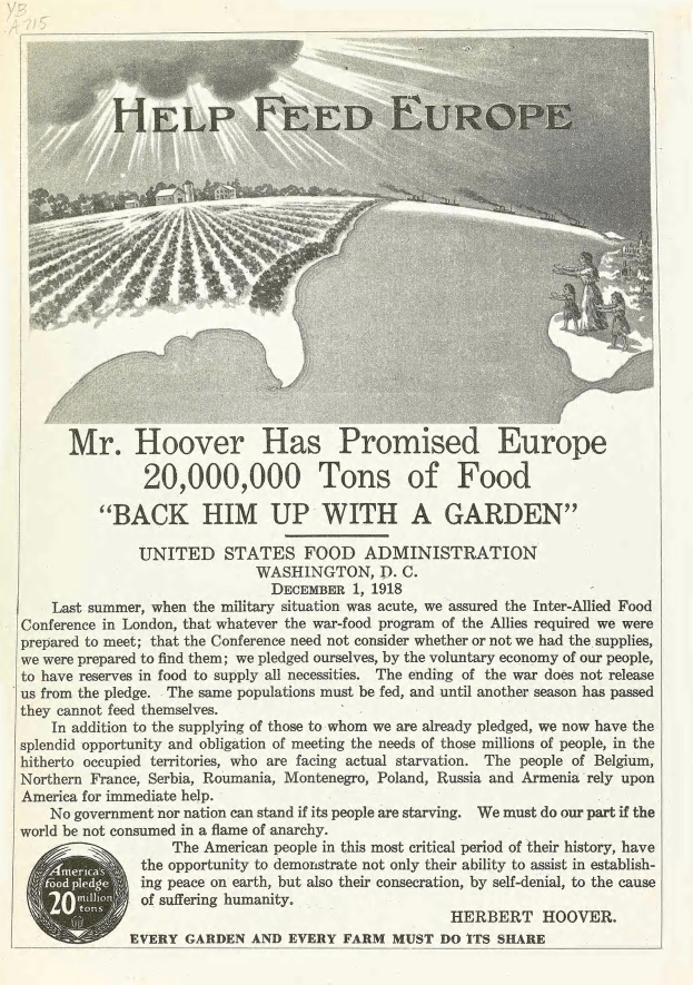 Werbung für das Versprechen von Herrn Hoover, Europa zu ernähren, mit Text und einem Bild.