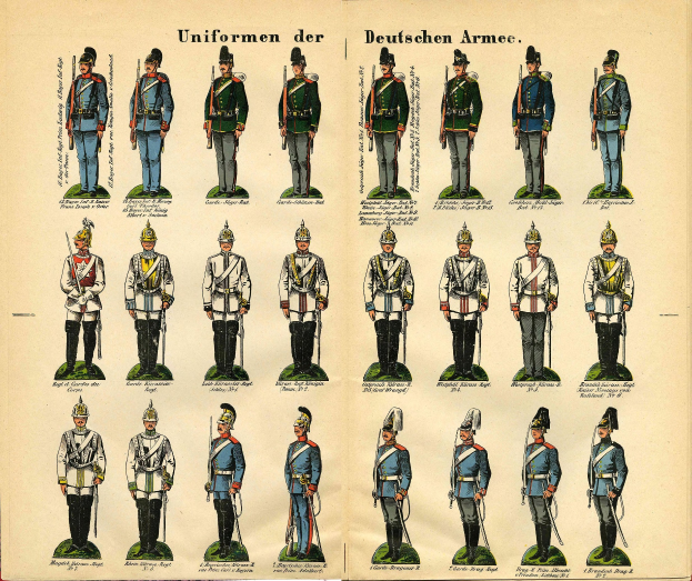 Ein Buch, das bunt gefärbte Militäruniformen der Deutschen Armee zeigt, mit detaillierten Elementen wie Helmen und Gewehren, begleitet von beschreibendem Text.