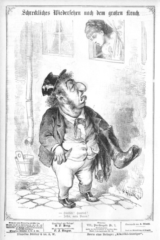 Cartoon eines Mannes mit Zylinder und einer Frau in einem Kleid, die neben einer Wand, einem Fenster und einem Eimer stehen, mit Text unten, der lautet: "F. J. Singer, der erste deutsche Politiker, der in den Kongress gewählt wurde."