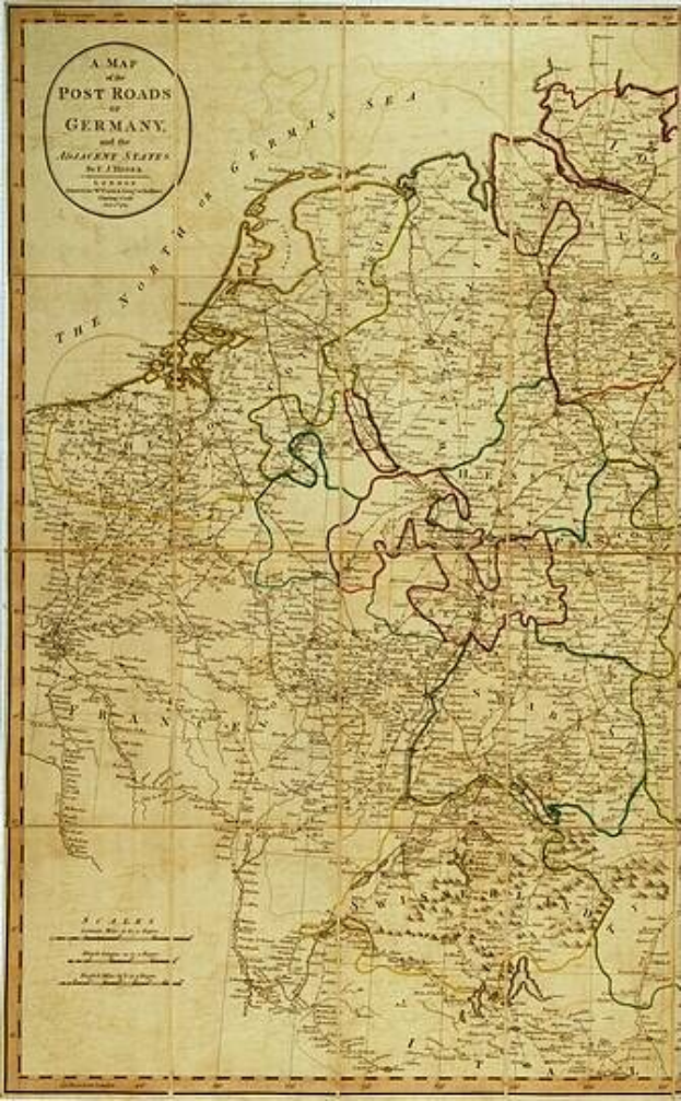 Eine detaillierte Karte der Poststra├čen in Deutschland, die Hauptstra├čen, St├Ądte, D├Ârfer und andere geografische Merkmale zeigt, mit begleitendem Text.