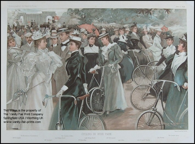 Menschen auf Fahrrädern im Hyde Park, London, mit Bäumen und einem Gebäude im Hintergrund und Text unten.