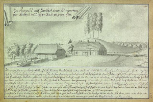 Ein altes Dokument mit einer Zeichnung eines Bauernhofs in einem Feld, umgeben von Häusern, Bäumen und einem Himmel, mit der Inschrift "Surgensburg, Deutschland - Landschaft eines Bauernhofs".